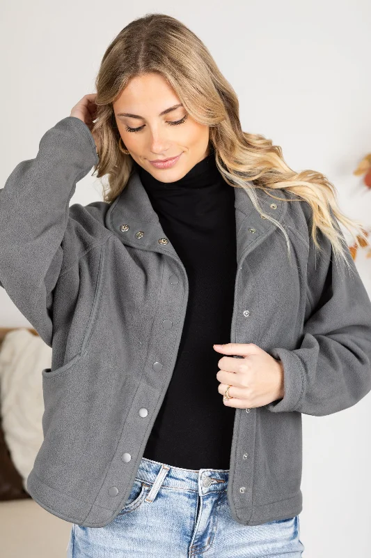 Grey Fleece Button Down Jacket with Pockets